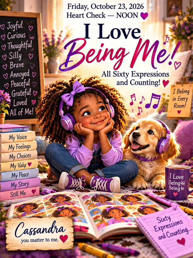 Little Cassandra wearing headphones beside her golden puppy, with the title I Love Being Me! All Sixty Expressions and Counting!