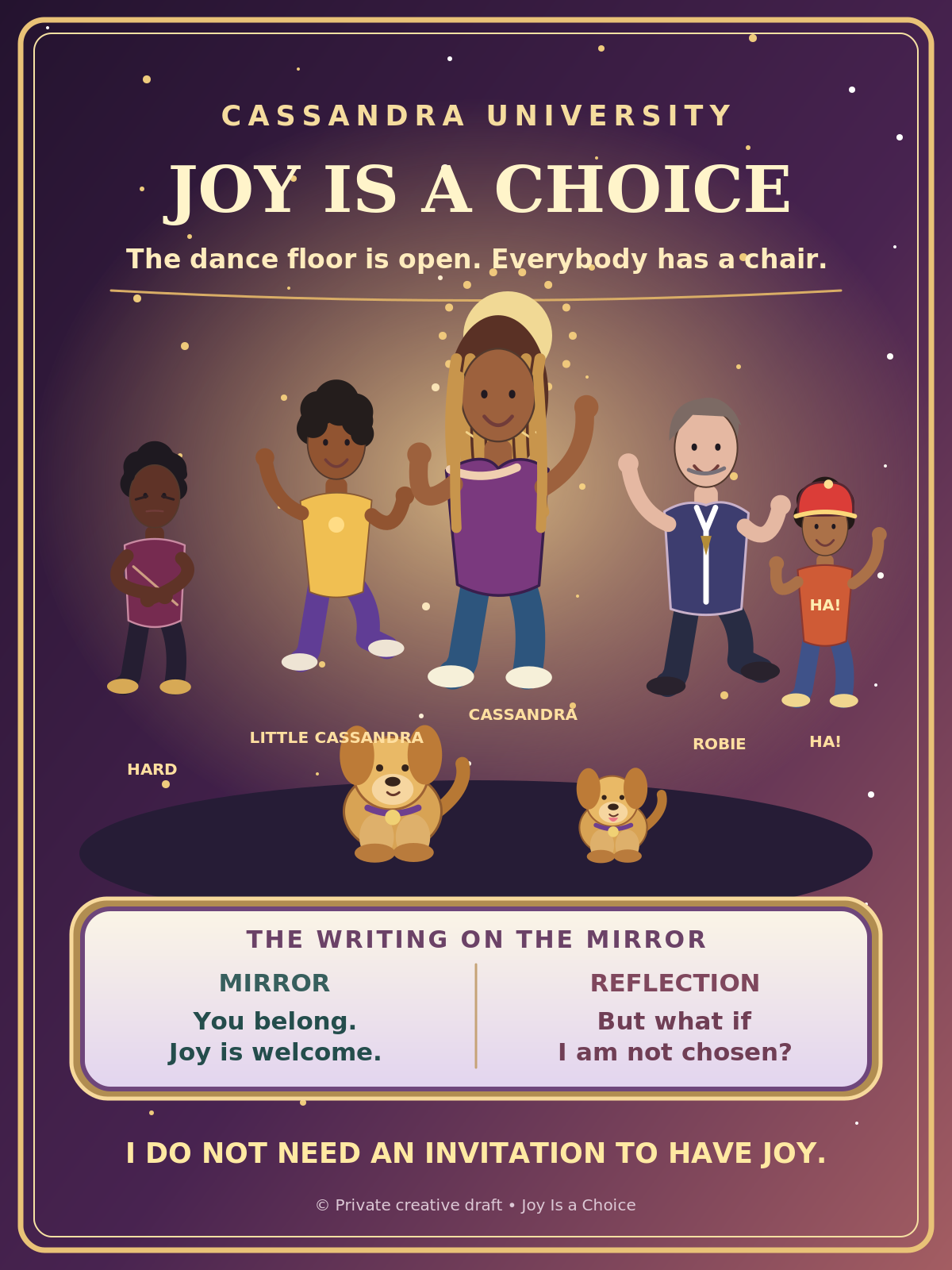 Joy Is a Choice: Cassandra University dancing with both Cassandras, Robie, Hard, Ha!, both dogs, Mirror and Reflection.