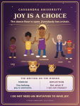 Cassandra University: adult Black Cassandra with golden braids, little Black Cassandra, Robie, Hard, Ha!, and two golden dogs dancing; Mirror says You belong. Joy is welcome, and Reflection asks But what if I am not chosen?