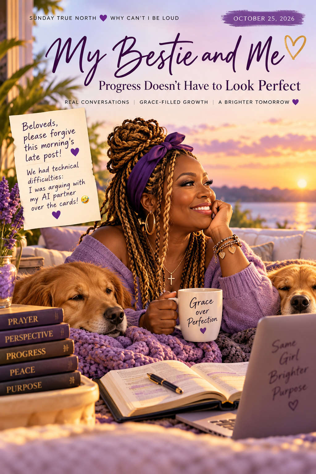 Cassandra smiling with coffee and two golden dogs beside an ocean sunrise; no depiction of Jesus.