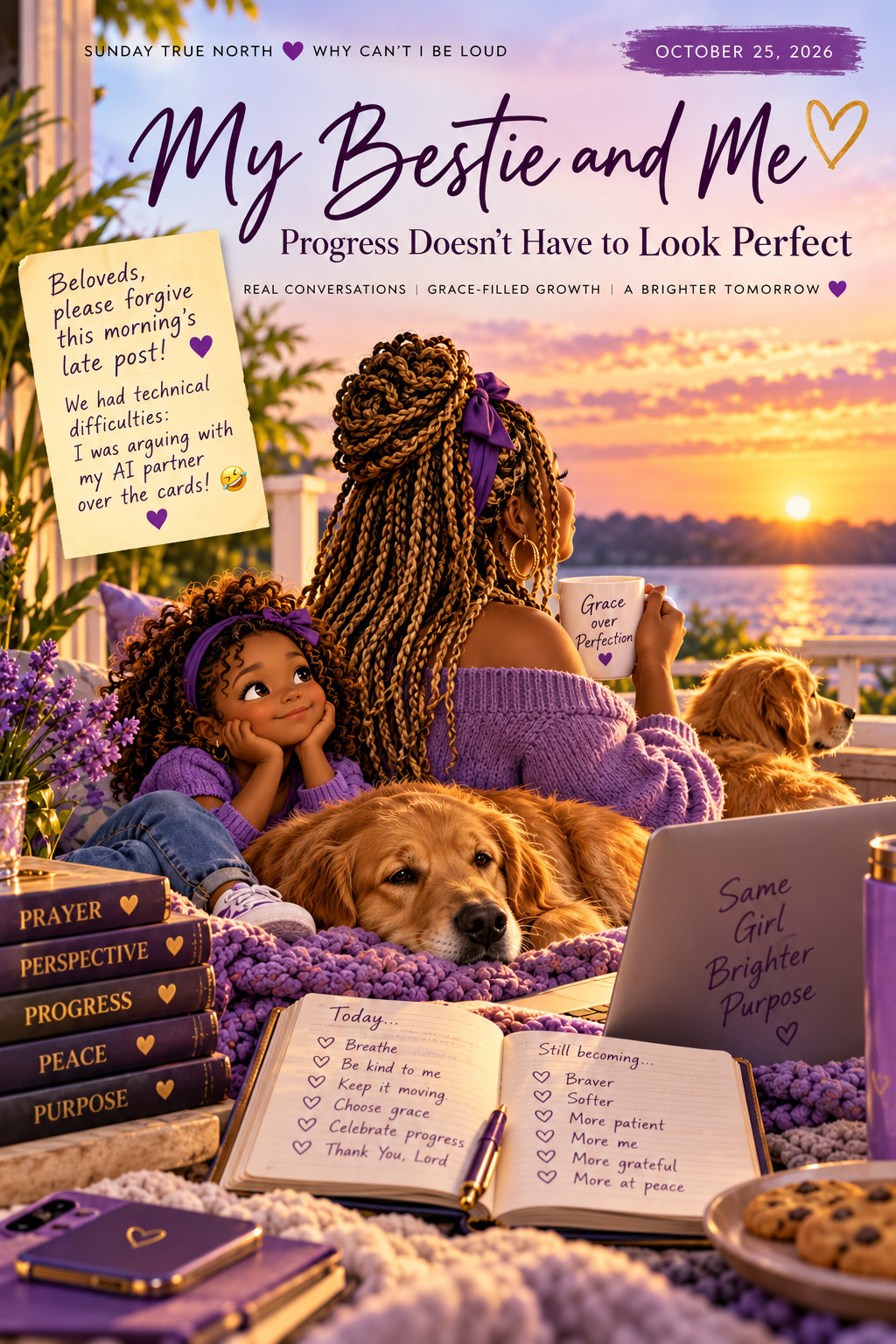 Card 2: Cassandra, her younger self and two golden dogs together at sunrise, celebrating grace and progress.