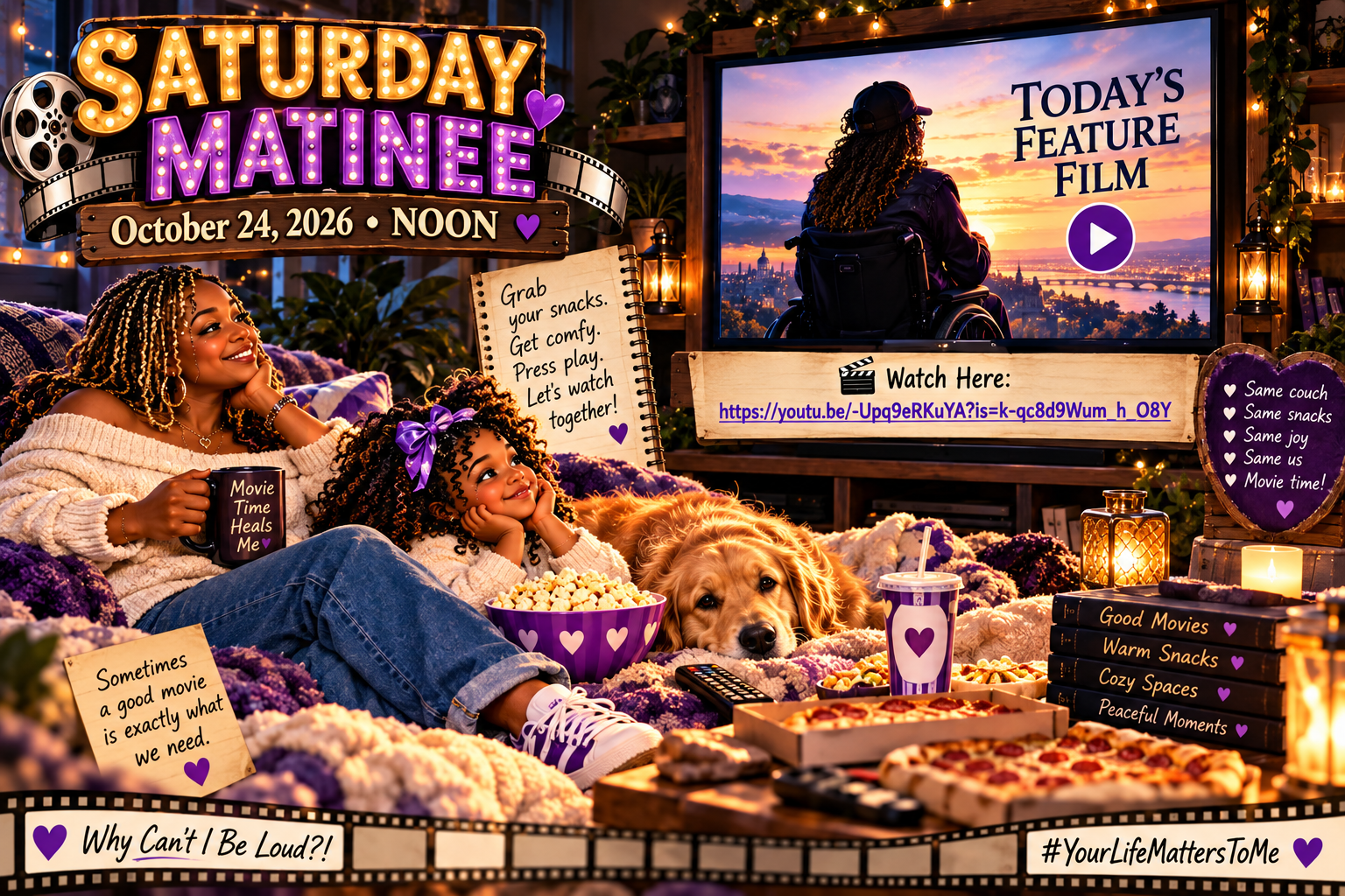 Saturday Matinee illustration, October 24, 2026 at noon, with adult and young Cassandra relaxing with a golden dog, movie screen, popcorn, purple blankets and snacks.