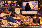 Saturday Matinee illustration, October 24, 2026 at noon, with adult and young Cassandra relaxing with a golden dog, movie screen, popcorn, purple blankets and snacks.